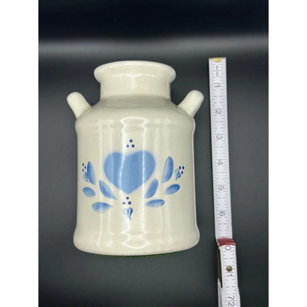 Lasting Products Vintage Ceramic Milk Can Vase Hand Painted Blue Heart Farmhouse